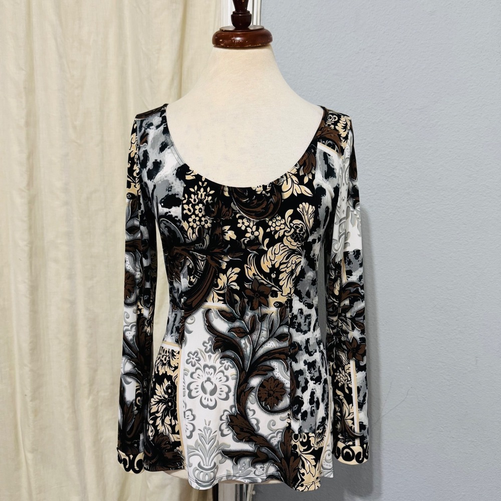 Bohemian Baroque Print Top Size M Ruched Long Sleeve Scoop Neck Black Brown Goth